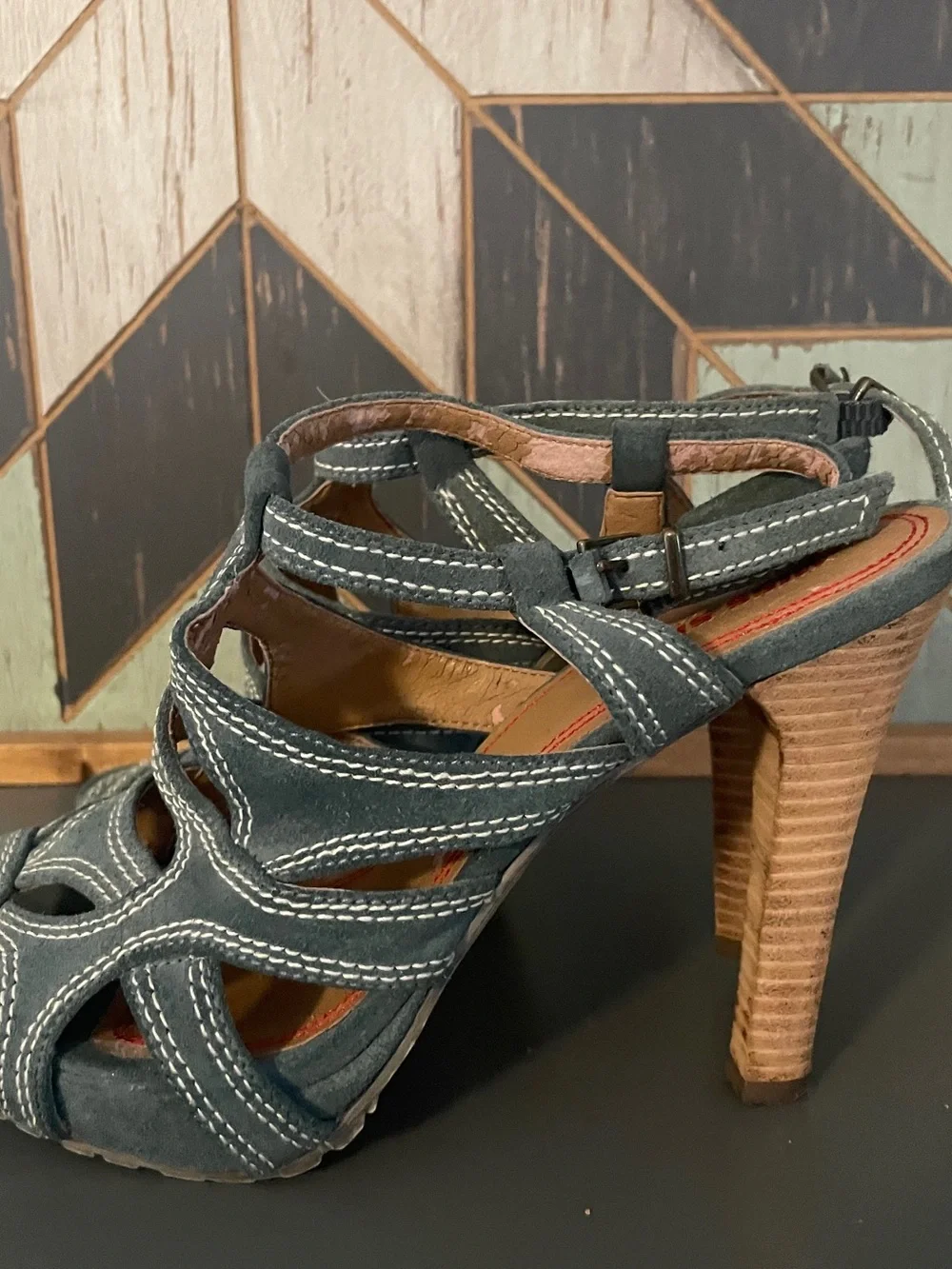 Vintage Y2K Miss Sixty “Indigo” Blue Gray Suede Wood Platform High Heels US 8
